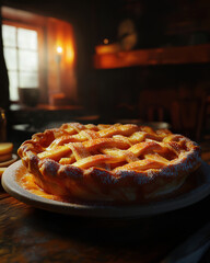 Freshly baked apple pie with lattice crust served in cozy rustic kitchen setting