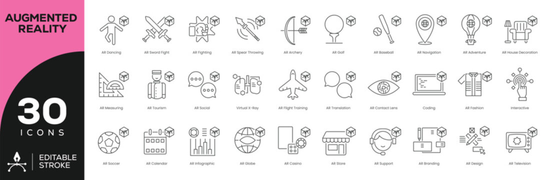 Augmented Reality (AR) Icon Set - 30 Editable Stroke Vector Icons for Interactive Experiences (Navigation, X-Ray Vision, Social AR, Fashion Try-On)