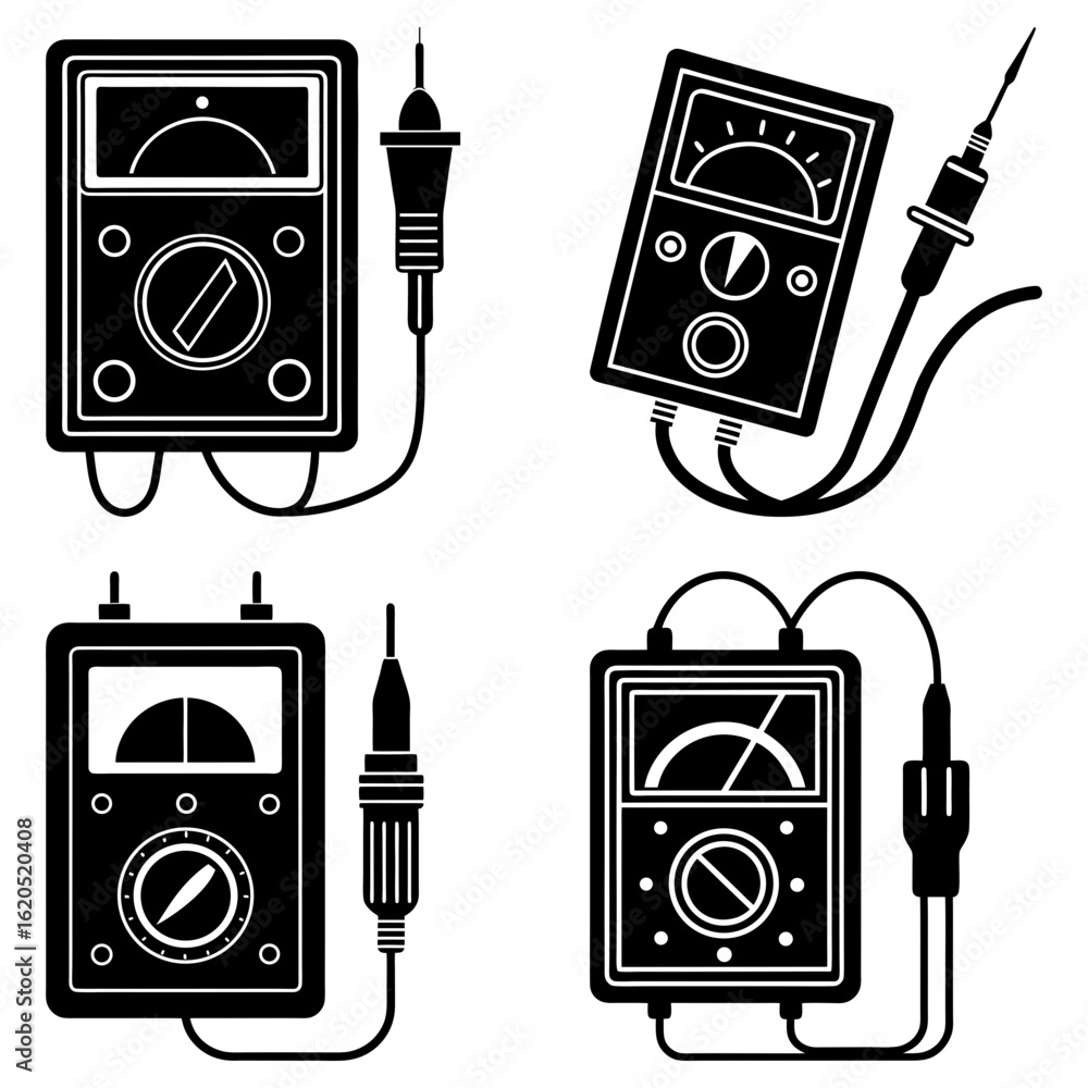 Poster four black and white analog multimeters with probes and wires in a vector illustration format