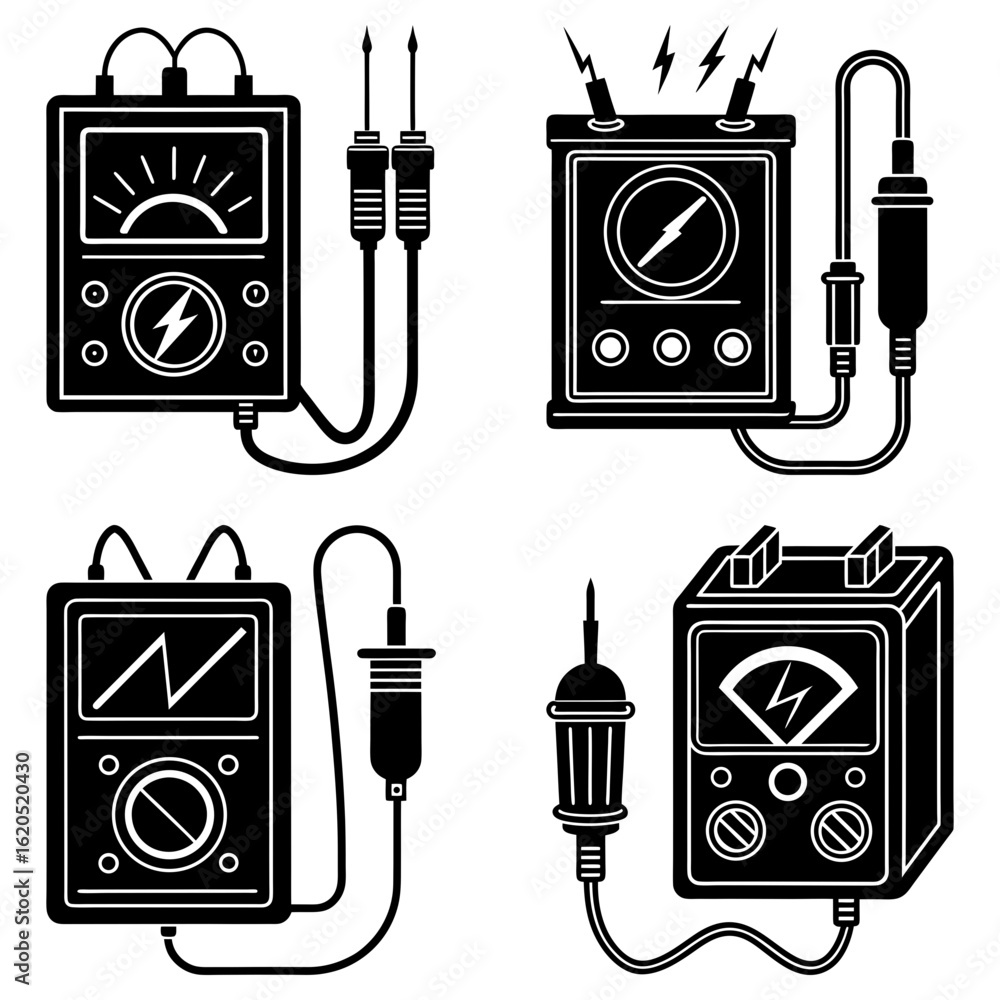 Poster illustration of four different electrical testers with various display types and probe connections s