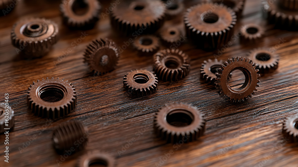 Poster a collection of rustic gears scattered across aged wood. emphasizing texture & mechanical charm. per
