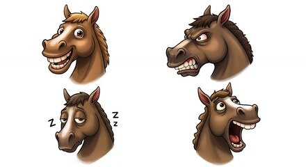 Four horse head illustrations with different expressions