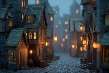 Medieval town street with glowing lanterns at dusk, fantasy architecture