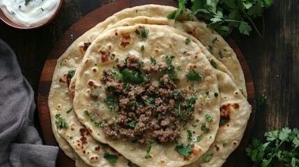 Top view of ground lamb flatbreads with yogurt sauce garnished with fresh herbs on rustic wooden table – traditional middle eastern or mediterranean food concept




