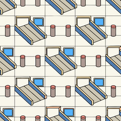 Geometric pattern design featuring minimalist bed and furniture icons in a modern style