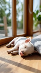 Cute piglet resting on a warm farm floor bathed in natural sunlight with soft light highlighting its features and chubby figure