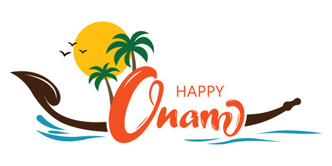 Stylized Happy Onam illustration with bold orange script, Kerala boat shape, teal waves, palm trees, and sun. Flat graphic style celebrating vibrant Onam festival in warm tones.