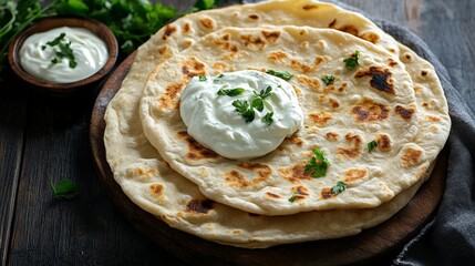 Top view of ground lamb flatbreads with yogurt sauce garnished with fresh herbs on rustic wooden table – traditional middle eastern or mediterranean food concept




