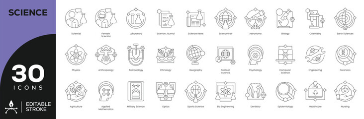 Science & Research Icon Set - 30 Editable Stroke Vector Icons for STEM Fields (Laboratory, Astronomy, Biology, Computer Science)