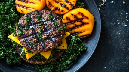 Gourmet hamburger with fresh kale, melted cheese, and grilled mango slices on a rustic wooden surface – creative fusion of sweet and savory flavors in modern food styling




