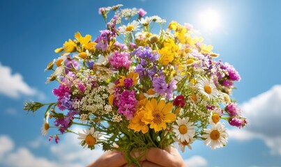 Colorful wildflower bouquet held against a bright blue sky background