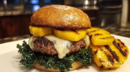 Gourmet hamburger with fresh kale, melted cheese, and grilled mango slices on a rustic wooden surface – creative fusion of sweet and savory flavors in modern food styling




