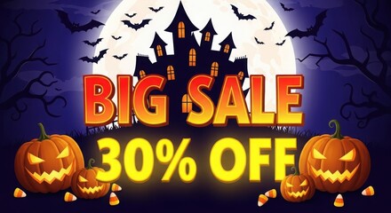 Spooky halloween big sale 30 percent off with haunted castle and pumpkins