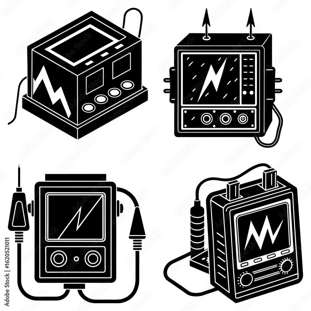 Poster illustration showing four different electronic devices with screens and various control panels and c