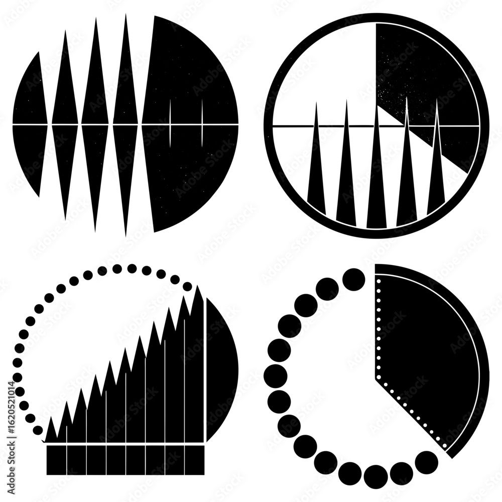 Aufkleber four circular designs with geometric shapes triangles and dots in black and white abstract compositi