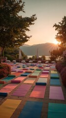 Colorful yoga mats in outdoor class setting at sunset, wellness concept