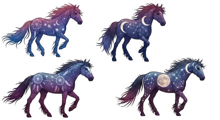 Four stylized horses with celestial patterns
