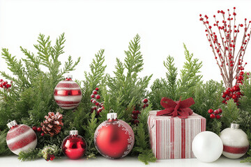 Festive Christmas decoration with ornaments, greenery, and a striped gift box
