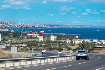 harbor, tourism, clouds, aerial, scenery, scenic, sea, summer, roadtrip, seascape, view, modern, tekirdag, vessel, cityscape, vacation, cargo, highway, sunny, day, architecture, sky, coastline, town, 