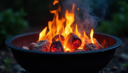 Empty hot flaming charcoal barbecue grill with bright isolated flames, barbecue, summertime