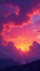 Obraz premium Fiery orange, pink, and purple hues paint the twilight sky , nature, horizon