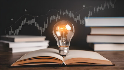 Bright idea for financial growth showing a lightbulb over an open book with rising stock graph
