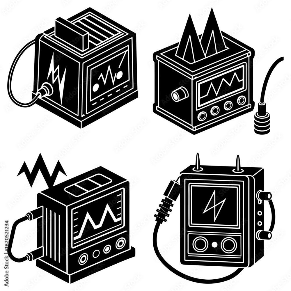 Aufkleber isometric view of four different black and white electrical devices with wave patterns on screens sh