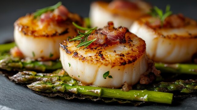 Elegant gourmet dish of seared scallops served with tender green asparagus and thinly sliced lardo bacon on a fine dining restaurant plate, representing haute cuisine presentation and luxury culinary 