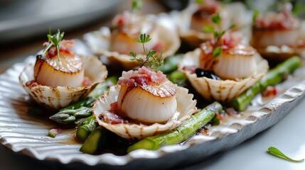 Elegant gourmet dish of seared scallops served with tender green asparagus and thinly sliced lardo bacon on a fine dining restaurant plate, representing haute cuisine presentation and luxury culinary 