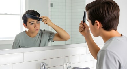 A young man with dark hair is combing his hair in front of a mirror in a bright bathroom setting