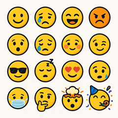 Obraz premium Flat vector illustration of 15 yellow emoji faces in a 3x5 grid, each with unique expressions like smiling, crying, angry, masked, party, and more. Bold outlines, perfect for digital use and UI design
