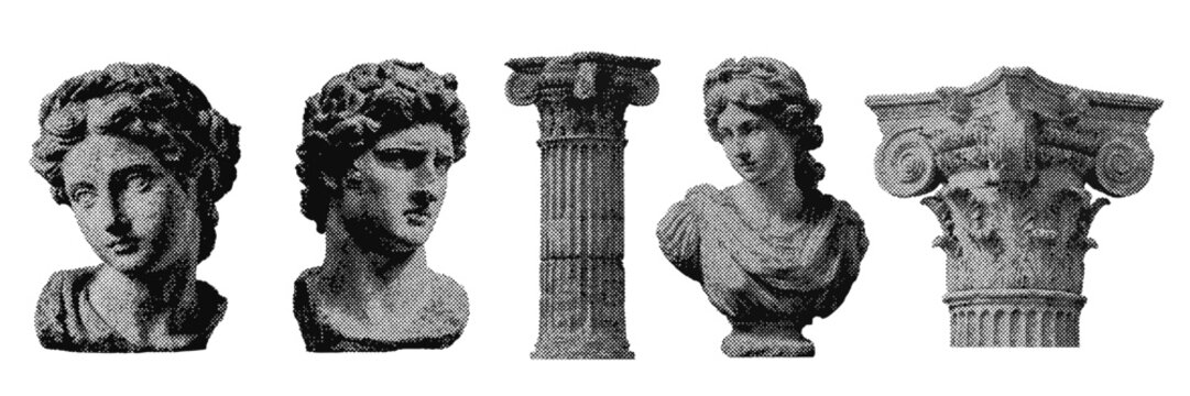 Set of ancient greek statues and columns halftone grunge vector design elements
