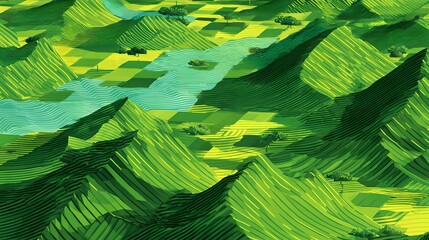 A stylized landscape of terraced hills and valleys.