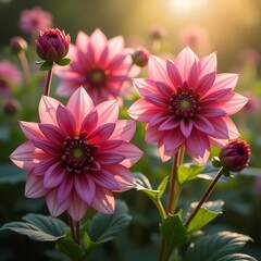 Fototapeta premium Beautiful Pink Dahlia Blossoms in Sunlight