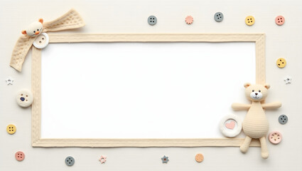 Adorable baby shower invitation mockup with a cute teddy bear, buttons, and a blank frame for newborn announcements.