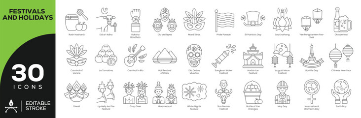 Global Festivals & Holidays Icon Set - 30 Editable Stroke Vector Icons for Cultural Celebrations (Music Festivals, Earth Day, May Day, Women's Day)