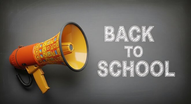 Illustration of a vibrant orange megaphone announces back to school on a textured gray background in a vintage style design