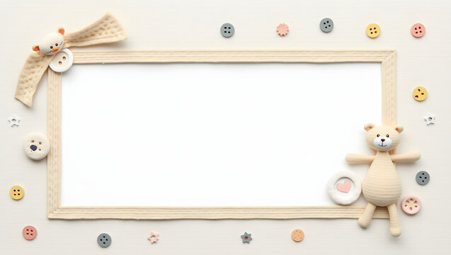 Adorable baby shower invitation mockup with a cute teddy bear, buttons, and a blank frame for newborn announcements.