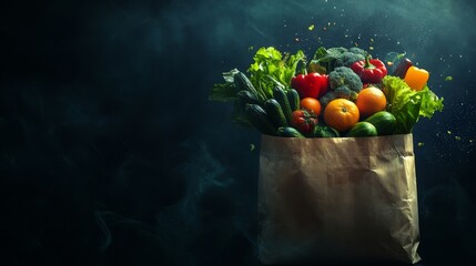 Reusable paper grocery bag filled with fresh organic fruits and vegetables on dark rustic background – healthy plant-based food for eco-friendly lifestyle and clean eating concept




