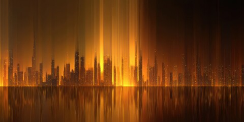 Golden cityscape with light streaks reflecting on water, urban skyline