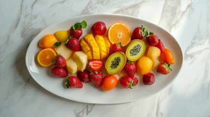 Colorful assortment of fresh tropical and berry fruits including mango, papaya, strawberries, oranges, passion fruit, and blueberries arranged on an oval serving plate on a light kitchen counter for h