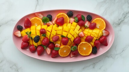 Colorful assortment of fresh tropical and berry fruits including mango, papaya, strawberries, oranges, passion fruit, and blueberries arranged on an oval serving plate on a light kitchen counter for h