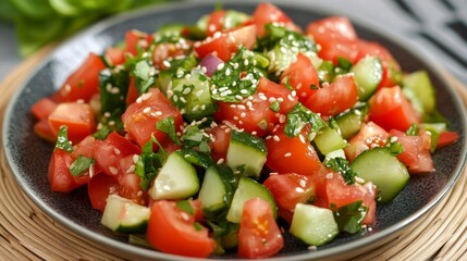 Colorful fresh vegetable salad with tomato, cucumber, onion, spinach, and lettuce served on a ceramic plate with sesame seeds, healthy plant-based meal rich in vitamins and fiber




