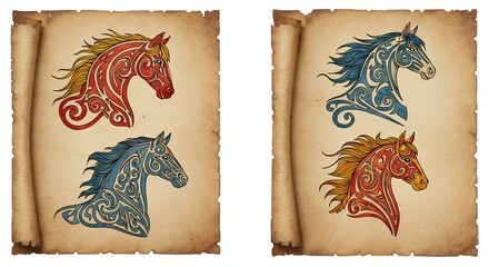 Ornamental horse heads on parchment scrolls