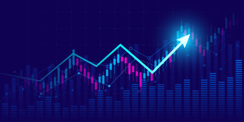Abstract financial graph with uptrend line and arrows in stock market on blue color background
