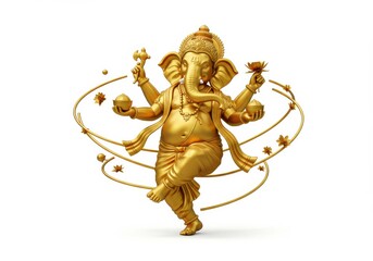 Golden Sculpture of Dancing Ganesha on White Background
