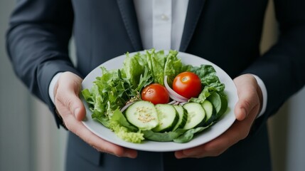 Colorful fresh vegetable salad with tomato, cucumber, onion, spinach, and lettuce served on a ceramic plate with sesame seeds, healthy plant-based meal rich in vitamins and fiber




