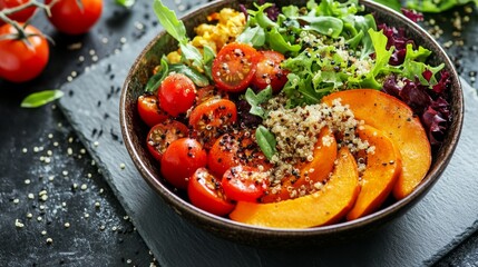 Healthy vegetarian buddha bowl with roasted pumpkin, quinoa, cherry tomatoes, and fresh green salad on dark slate background, close-up top view
