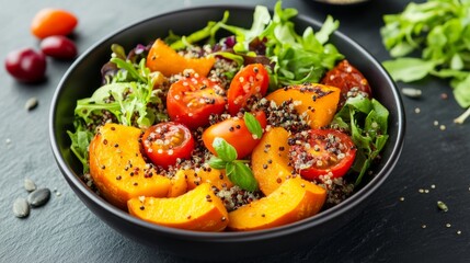 Healthy vegetarian buddha bowl with roasted pumpkin, quinoa, cherry tomatoes, and fresh green salad on dark slate background, close-up top view
