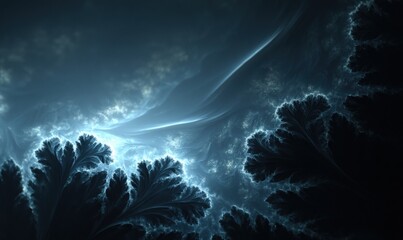 Fractal abstract with glowing leaves and clouds, dark blue background